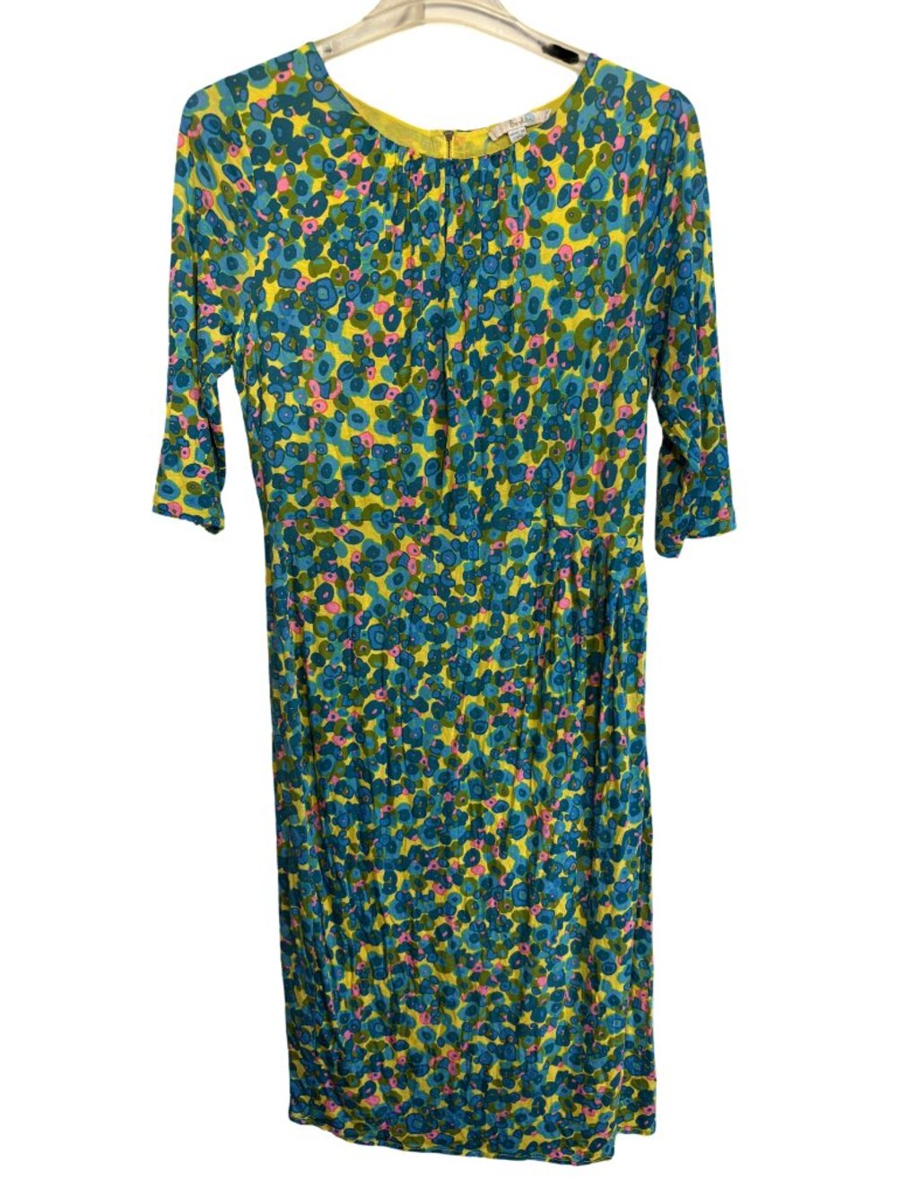Boden Sophia Floral Jersey Sheath Dress Women Yellow Blue Pink 3/4 Sleeve US 12L - Picture 2 of 9